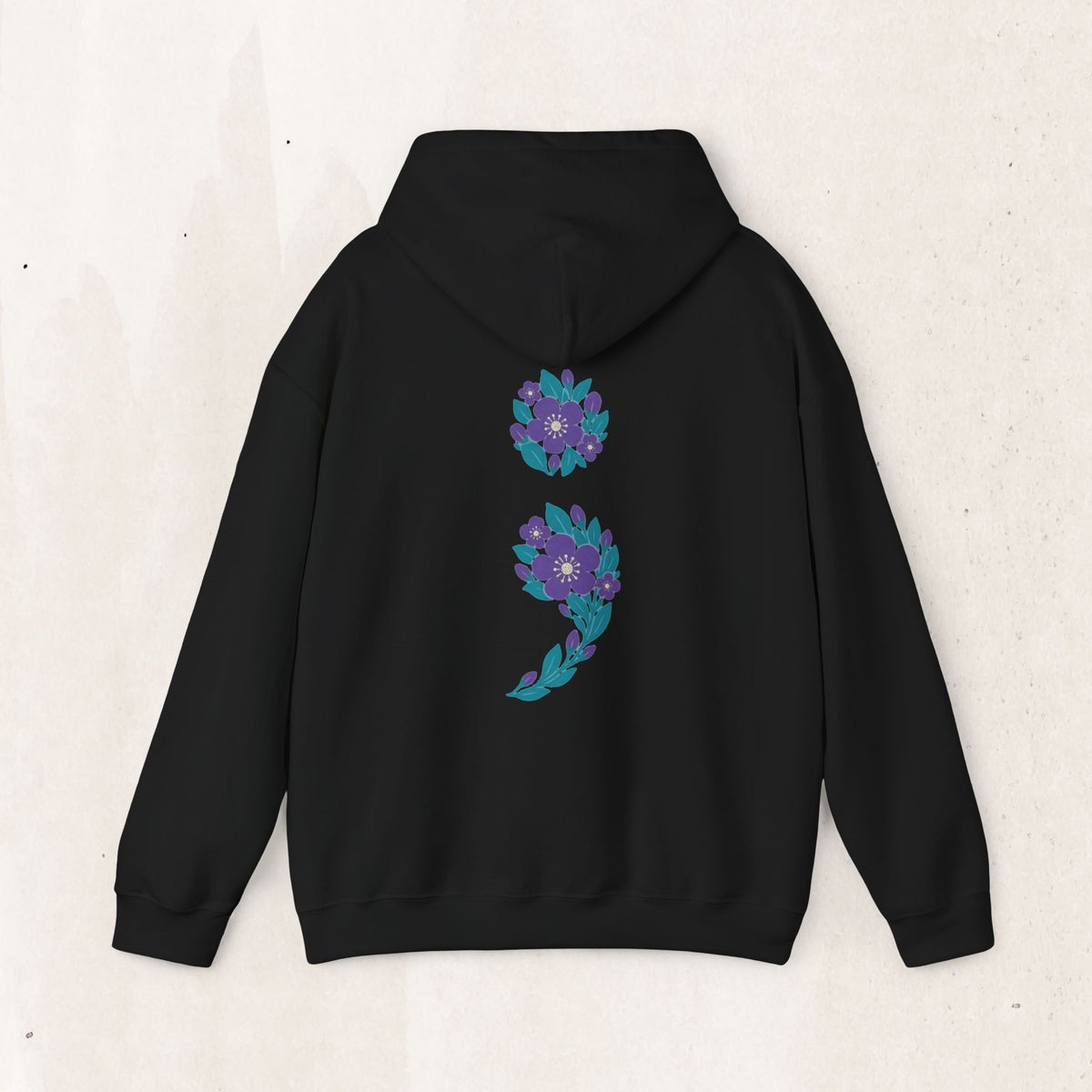 Floral semicolon suicide awareness pullover hoodie in black