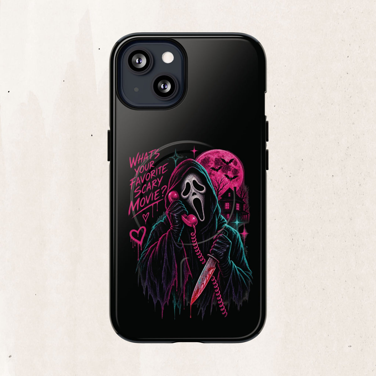 Magnetic Phone Case — Neon 'What's Your Favorite Scary Movie?' Horror Design