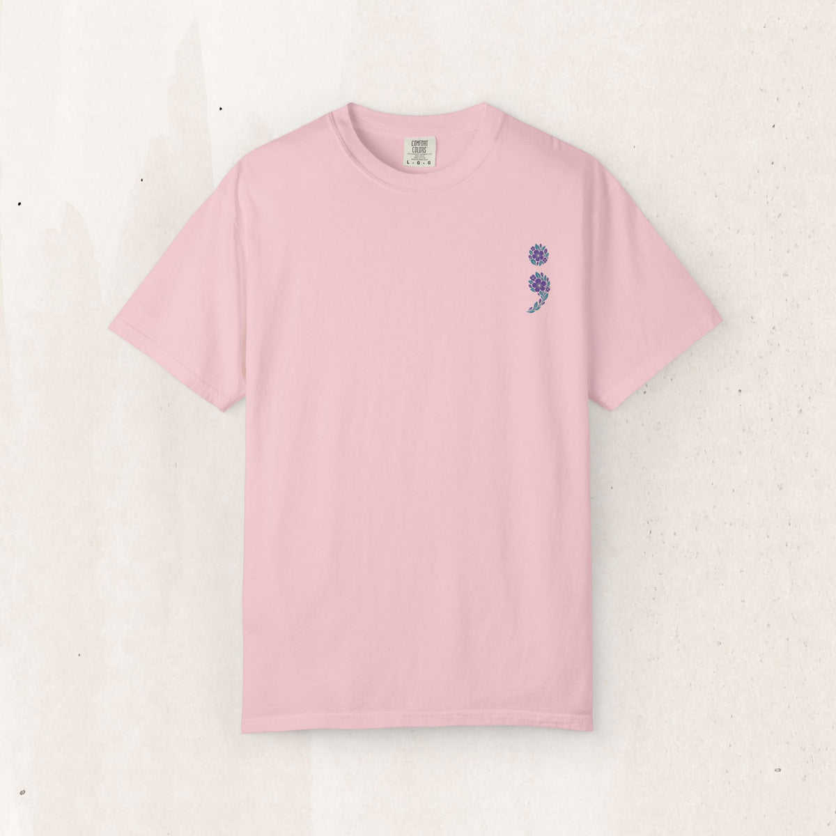 Purple and teal flag semicolon suicide awareness t-shirt in blossom