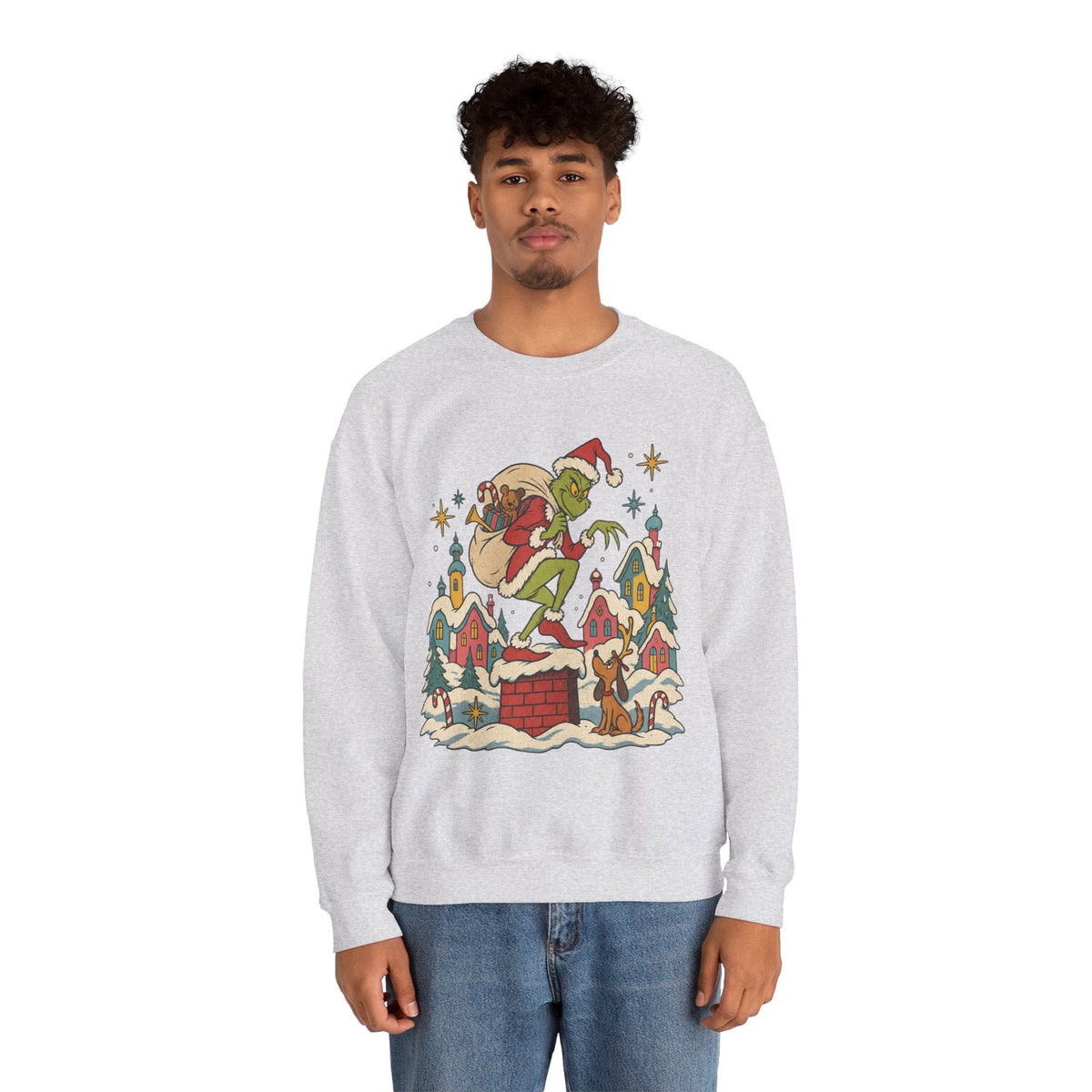 Grinch Santa Heist Crewneck Sweatshirt in Ash, alternate view
