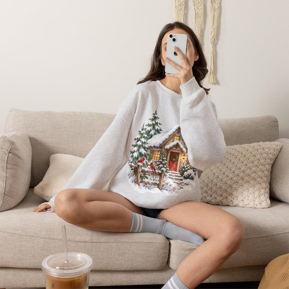 Cozy Christmas Cottage Sweatshirt, Snowy Winter Cabin Crewneck