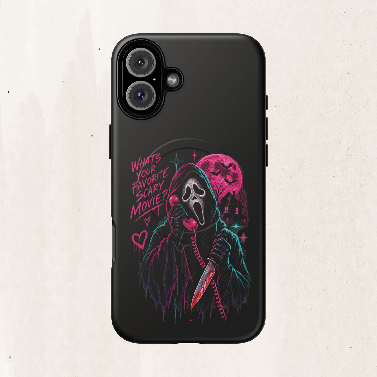 Magnetic Phone Case — Neon 'What's Your Favorite Scary Movie?' Horror Design