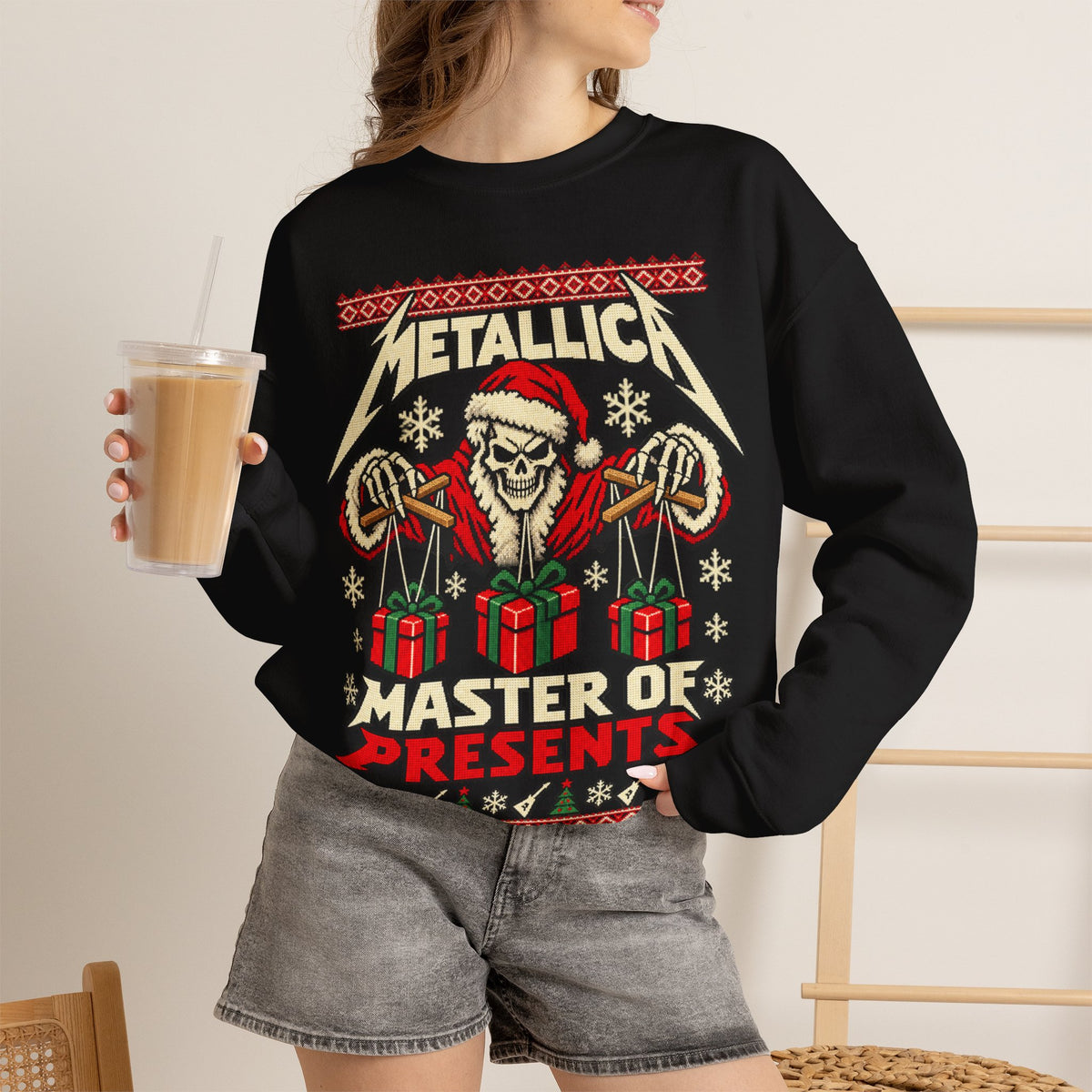 Metallica Master of Presents Christmas Sweatshirt in Red, alternate view