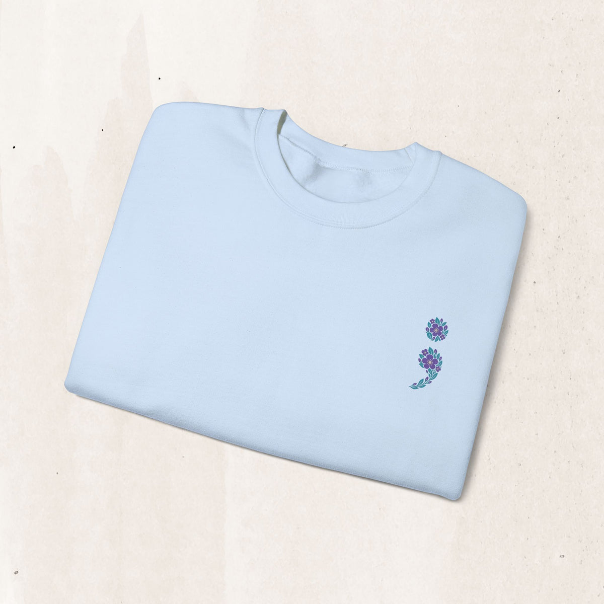 Purple and teal flag semicolon suicide awareness crewneck sweatshirt in light blue