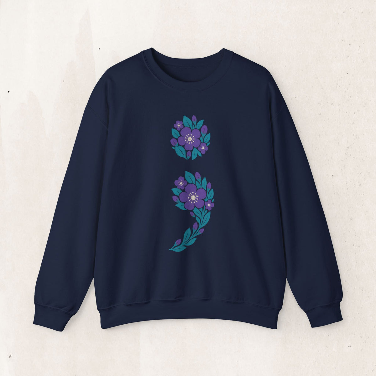Floral semicolon suicide awareness crewneck sweatshirt in navy