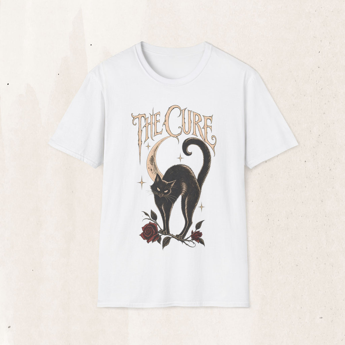 The Cure Graphic Tee – Vintage Black Cat Band Shirt – White