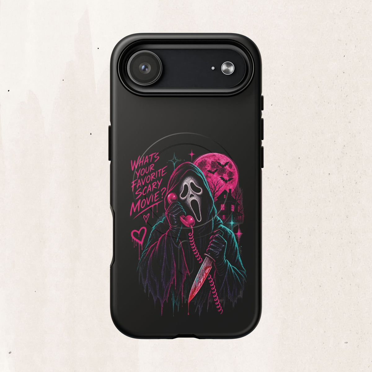 Magnetic Phone Case — Neon 'What's Your Favorite Scary Movie?' Horror Design