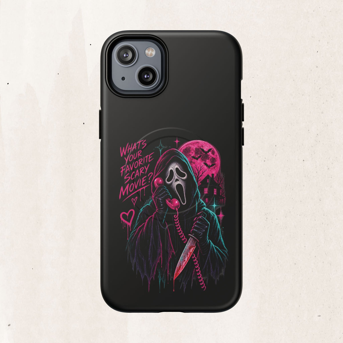 Magnetic Phone Case — Neon 'What's Your Favorite Scary Movie?' Horror Design