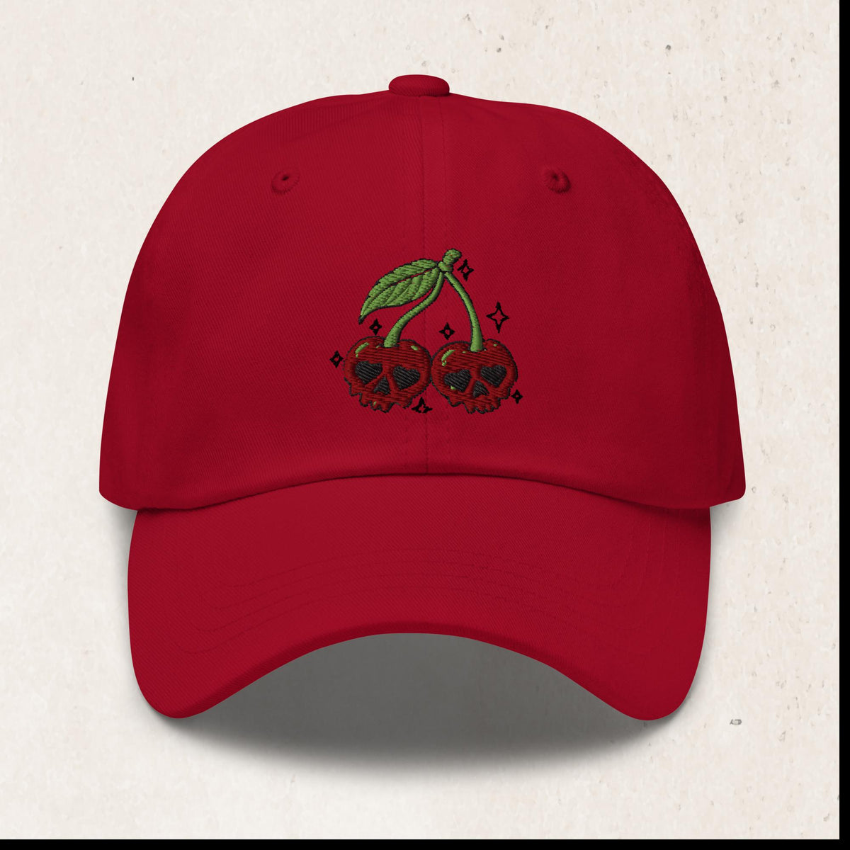 Cherry Skull Embroidered Dad Hat – Cranberry