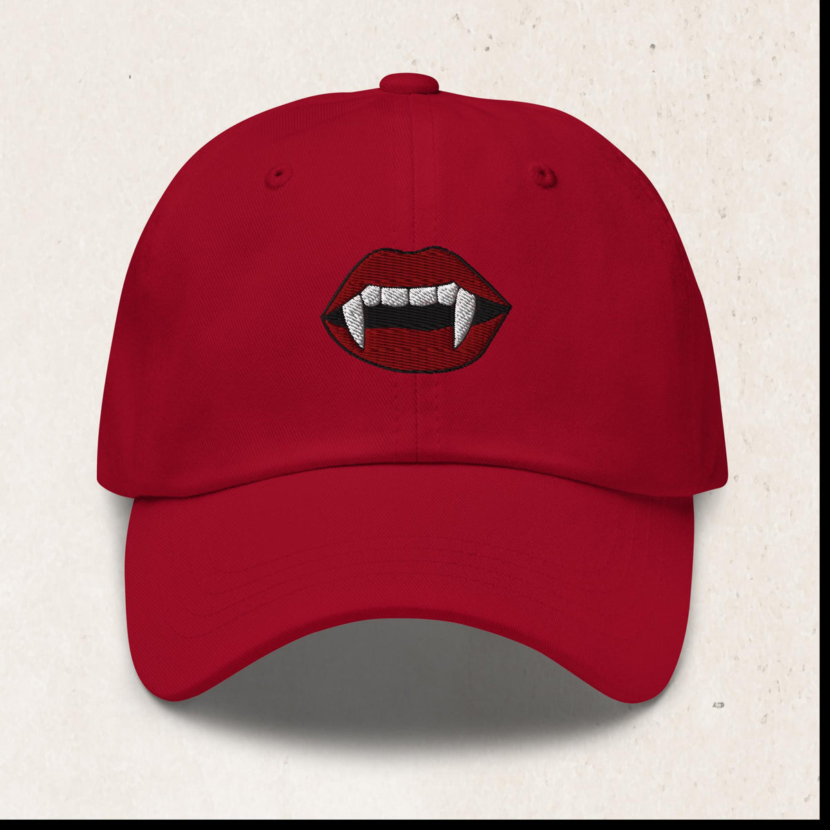 Vampire Fangs Embroidered Dad Hat – Cranberry