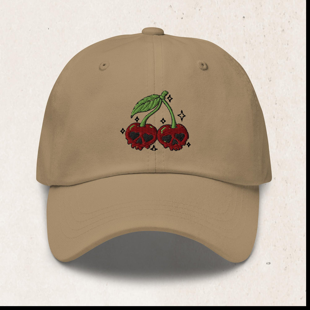 Cherry Skull Embroidered Dad Hat – Khaki