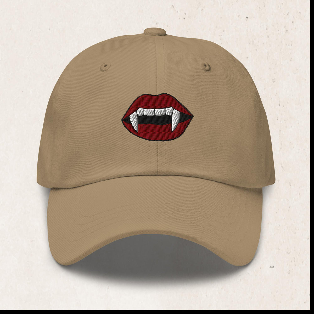 Vampire Fangs Embroidered Dad Hat – Khaki