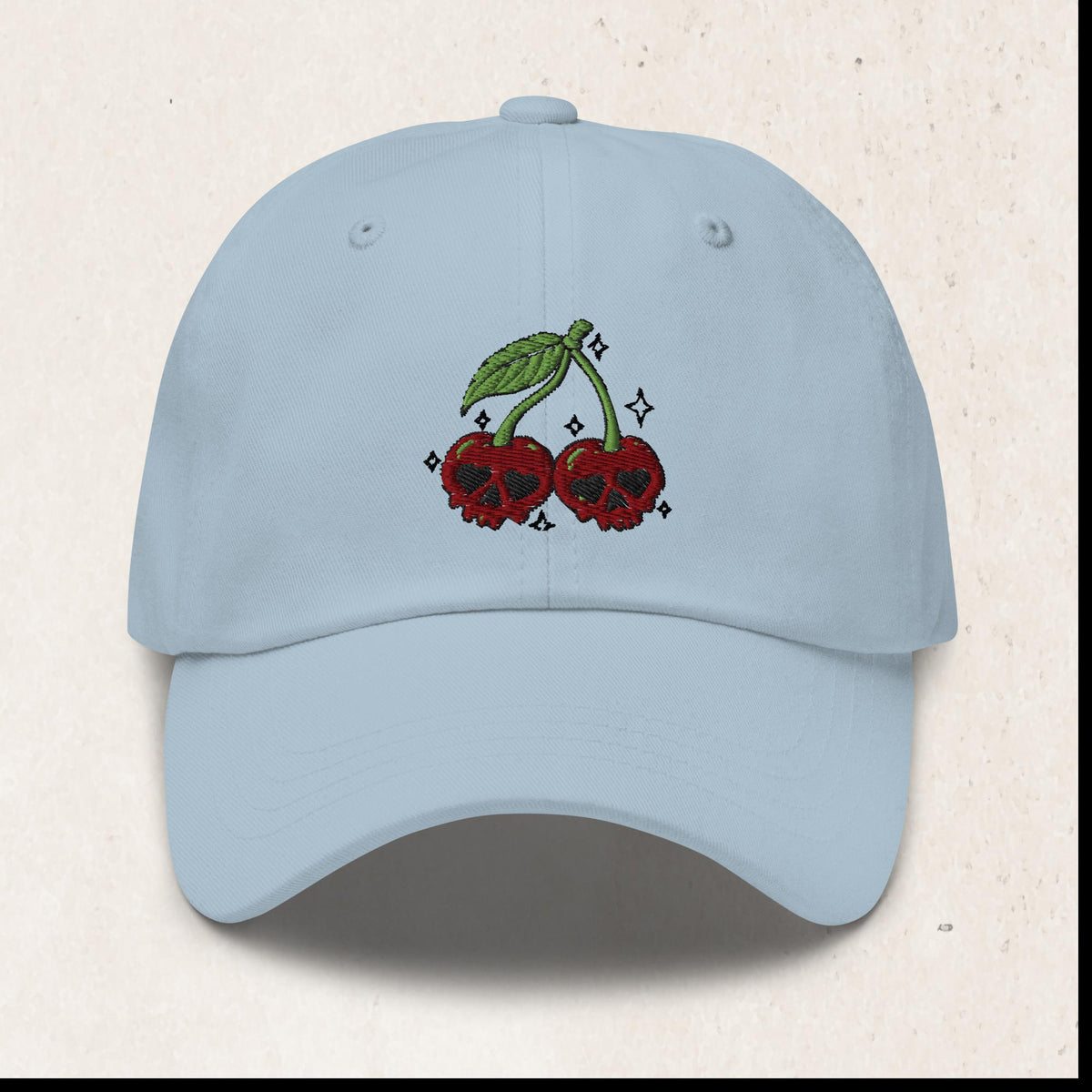 Cherry Skull Embroidered Dad Hat – Light Blue