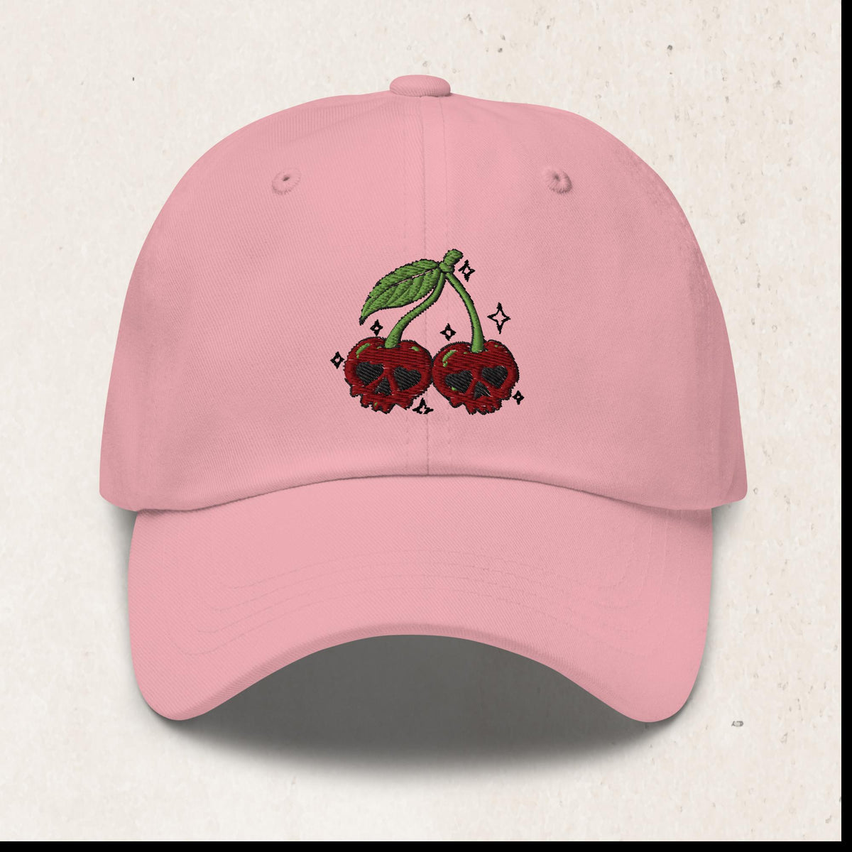 Cherry Skull Embroidered Dad Hat – Pink