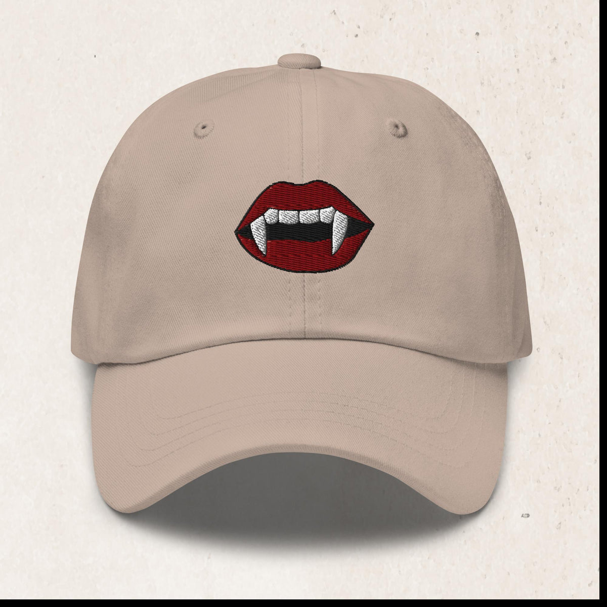 Vampire Fangs Embroidered Dad Hat – Stone