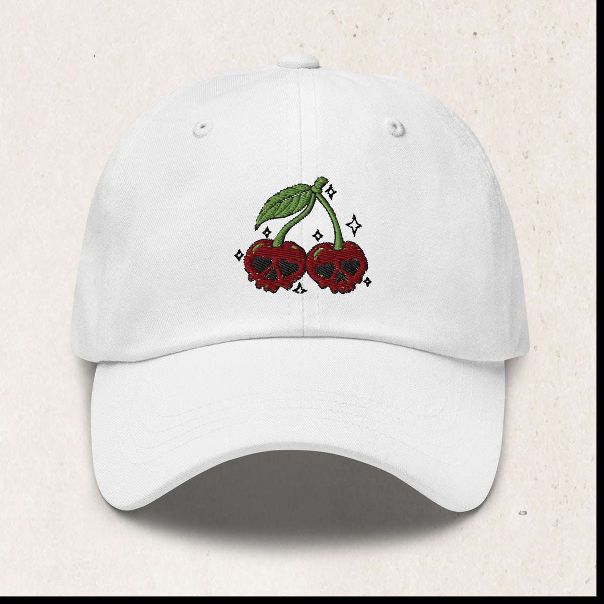 Cherry Skull Embroidered Dad Hat – White