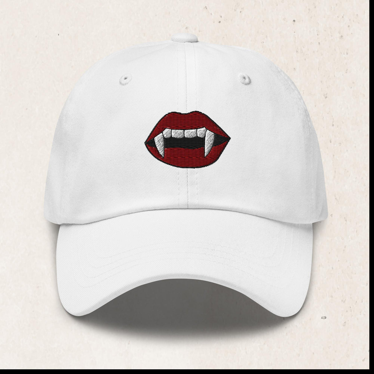 Vampire Fangs Embroidered Dad Hat – White