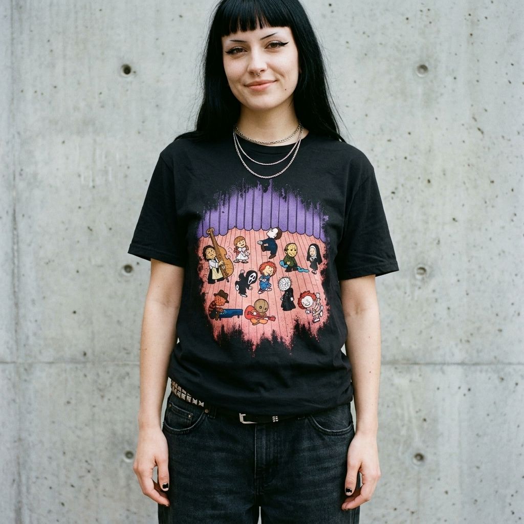 Model wearing the Horror Characters Peanuts Parody Tee in black against a cement wall