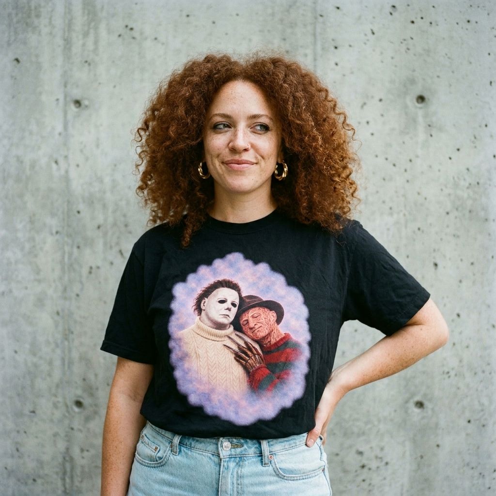 Model wearing the Michael Myers & Freddy Krueger 80s Portrait Tee in black against a cement wall