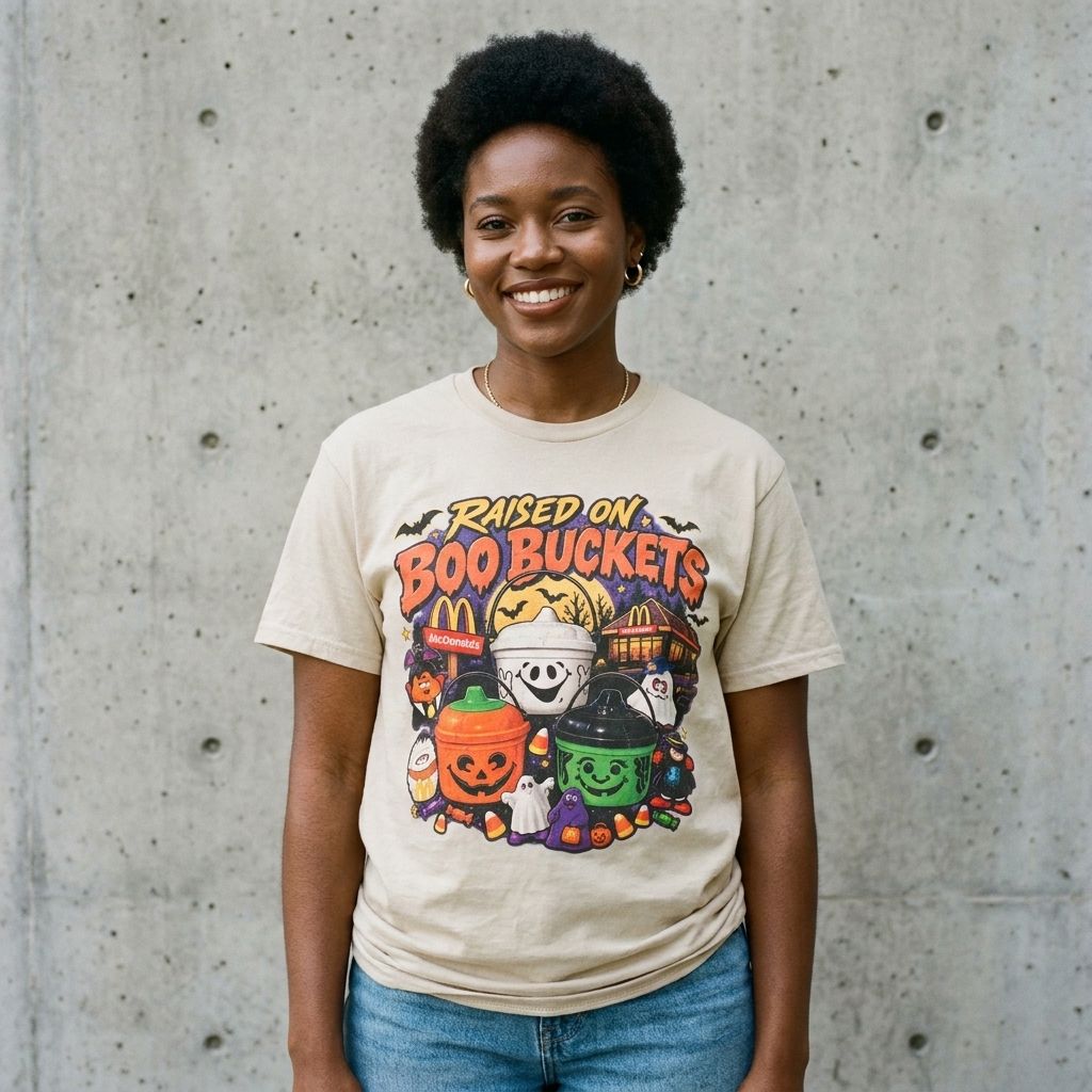 Model wearing the Raised On Boo Buckets Tee in sand against a cement wall