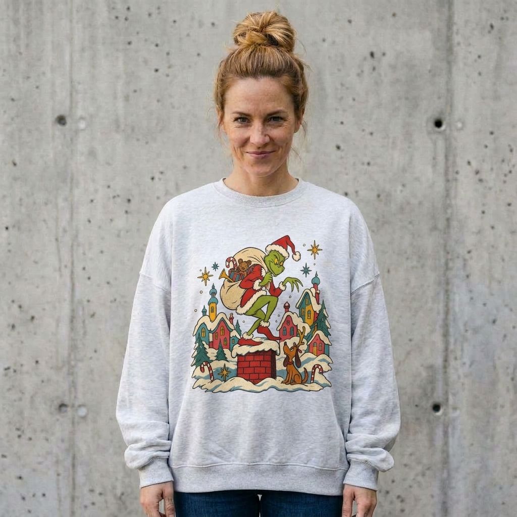 Model wearing the Grinch Santa Heist Crewneck Sweatshirt in ash against a cement wall