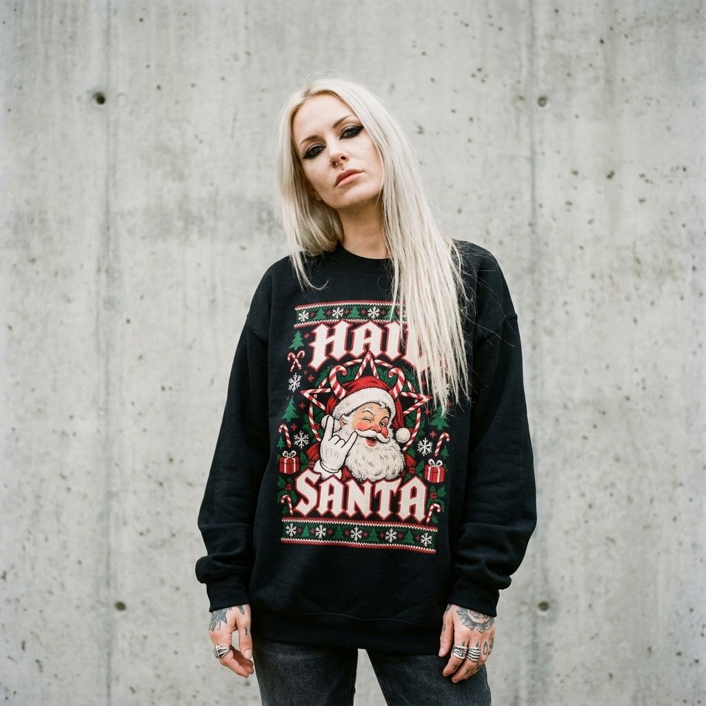 Model wearing the Hail Santa Ugly Christmas Sweater Sweatshirt against a cement wall