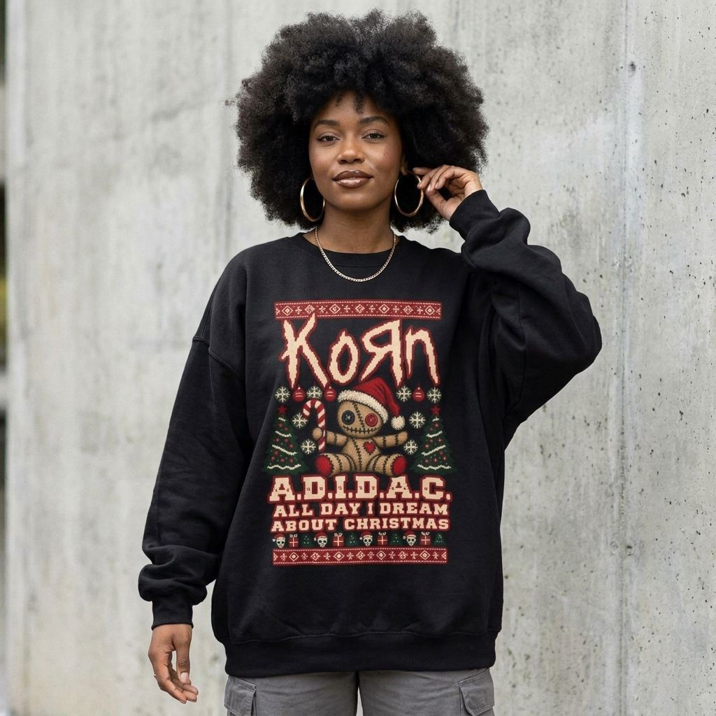 Model wearing the Xmas A.D.I.D.A.C. All Day I Dream About Christmas Sweatshirt against a cement wall