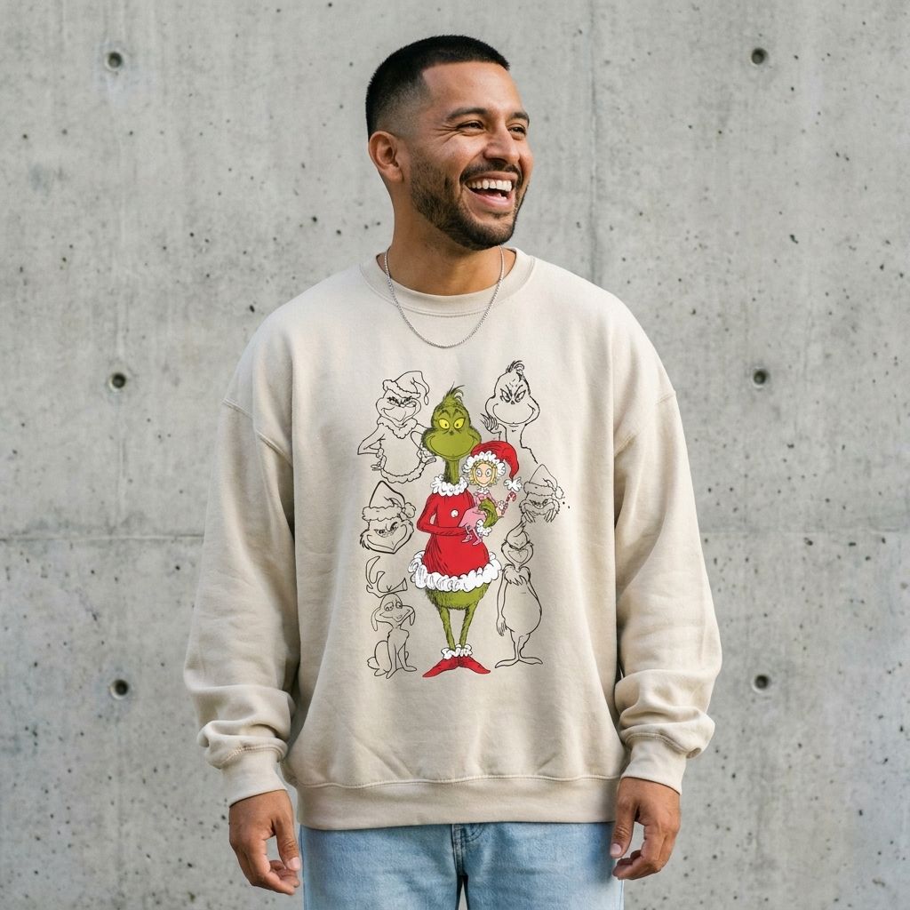 Model wearing The Grinch Christmas Sweatshirt against a cement wall