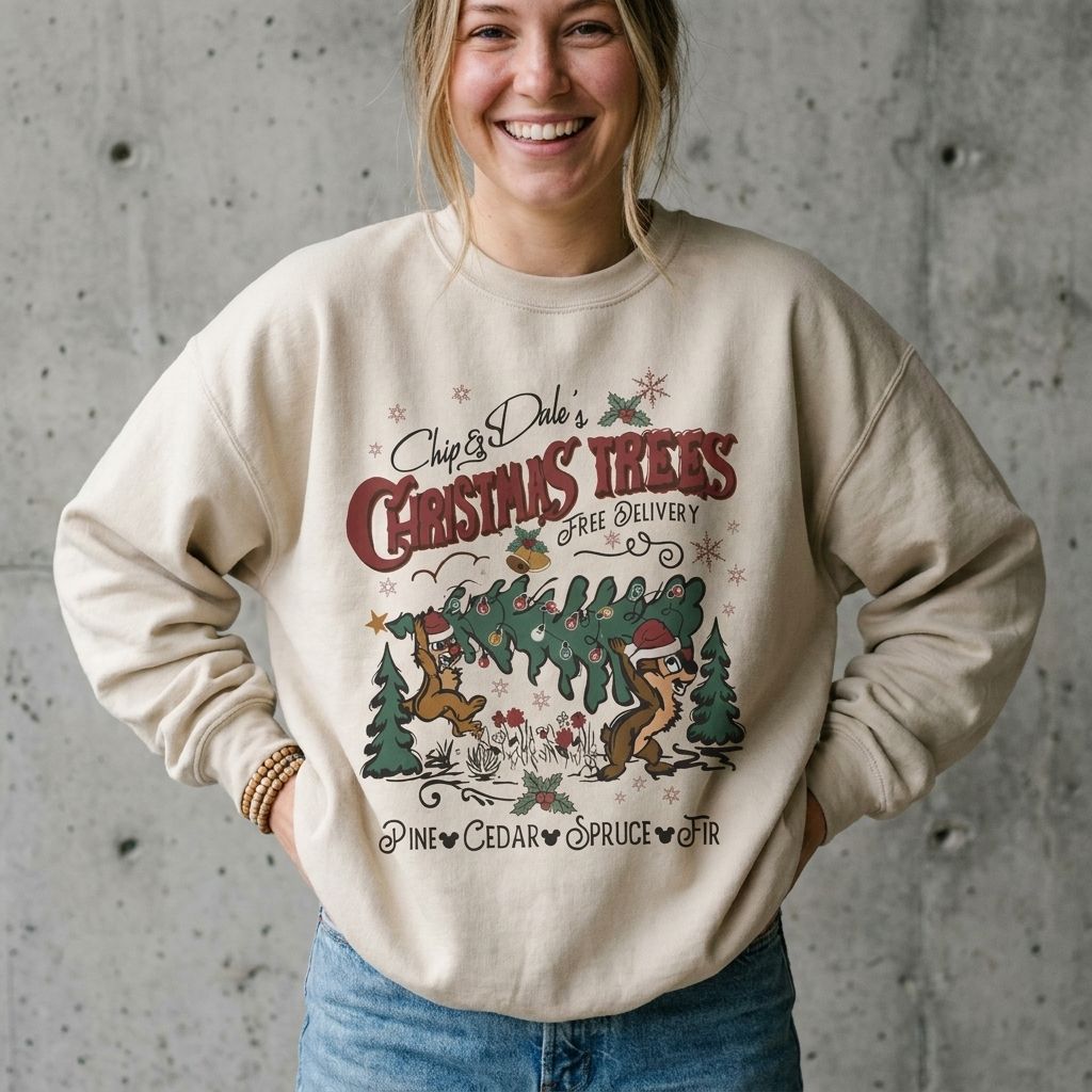 Model wearing the Chip&Dale Christmas Trees Holiday Crewneck Sweatshirt against a cement wall