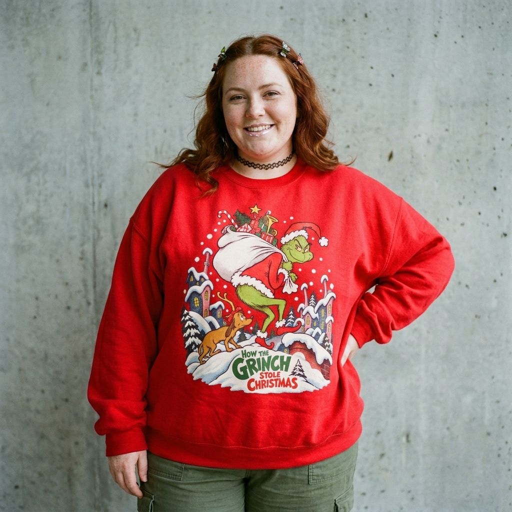Model wearing the Grinch & Max Christmas Sweatshirt against a cement wall