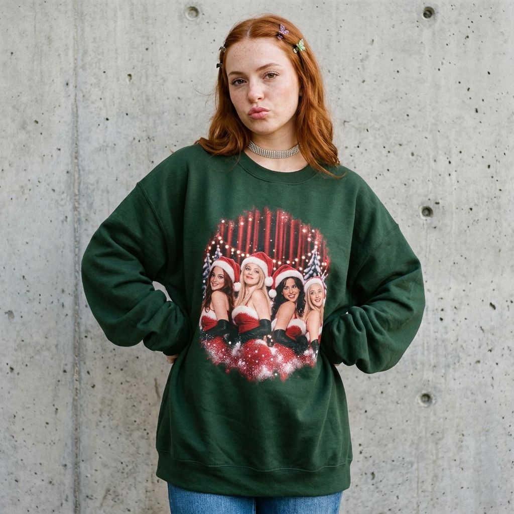 Model wearing the Mean Girls Jingle Bell Rock Christmas Sweatshirt against a cement wall