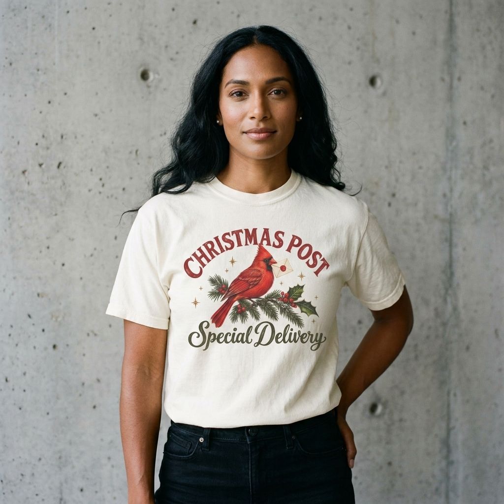 Model wearing the Christmas Post Cardinal Tee against a cement wall