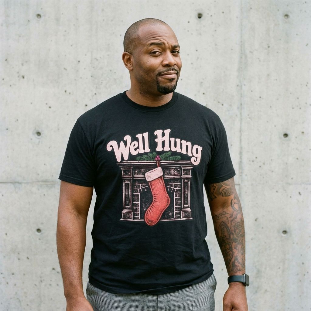 Model wearing the Well Hung Christmas Graphic Tee against a cement wall