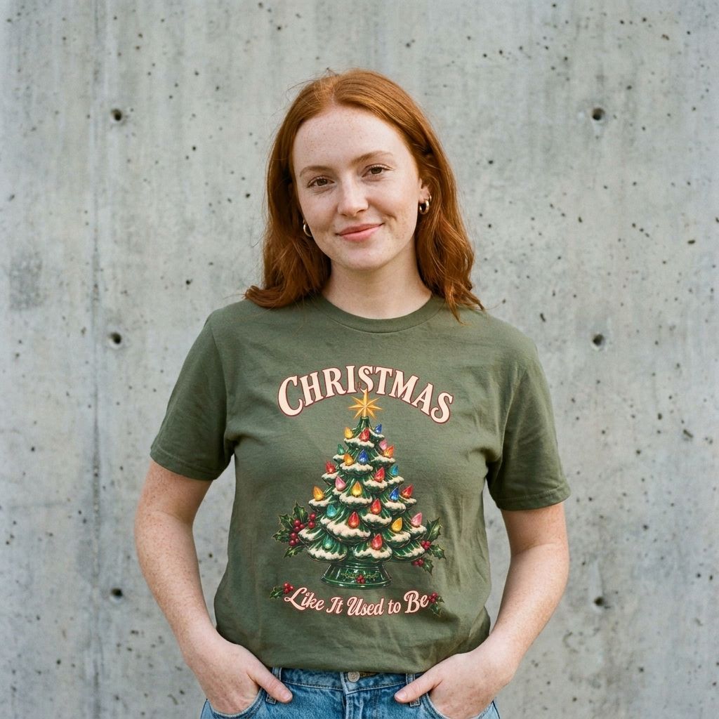 Model wearing the Vintage Ceramic Christmas Tree Tee against a cement wall