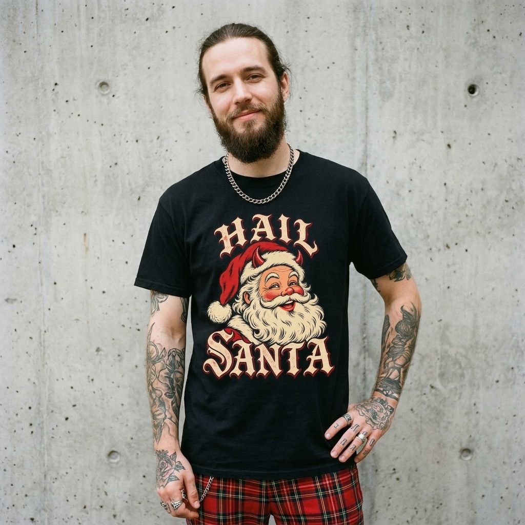 Model wearing the Hail Santa Vintage Graphic Tee against a cement wall