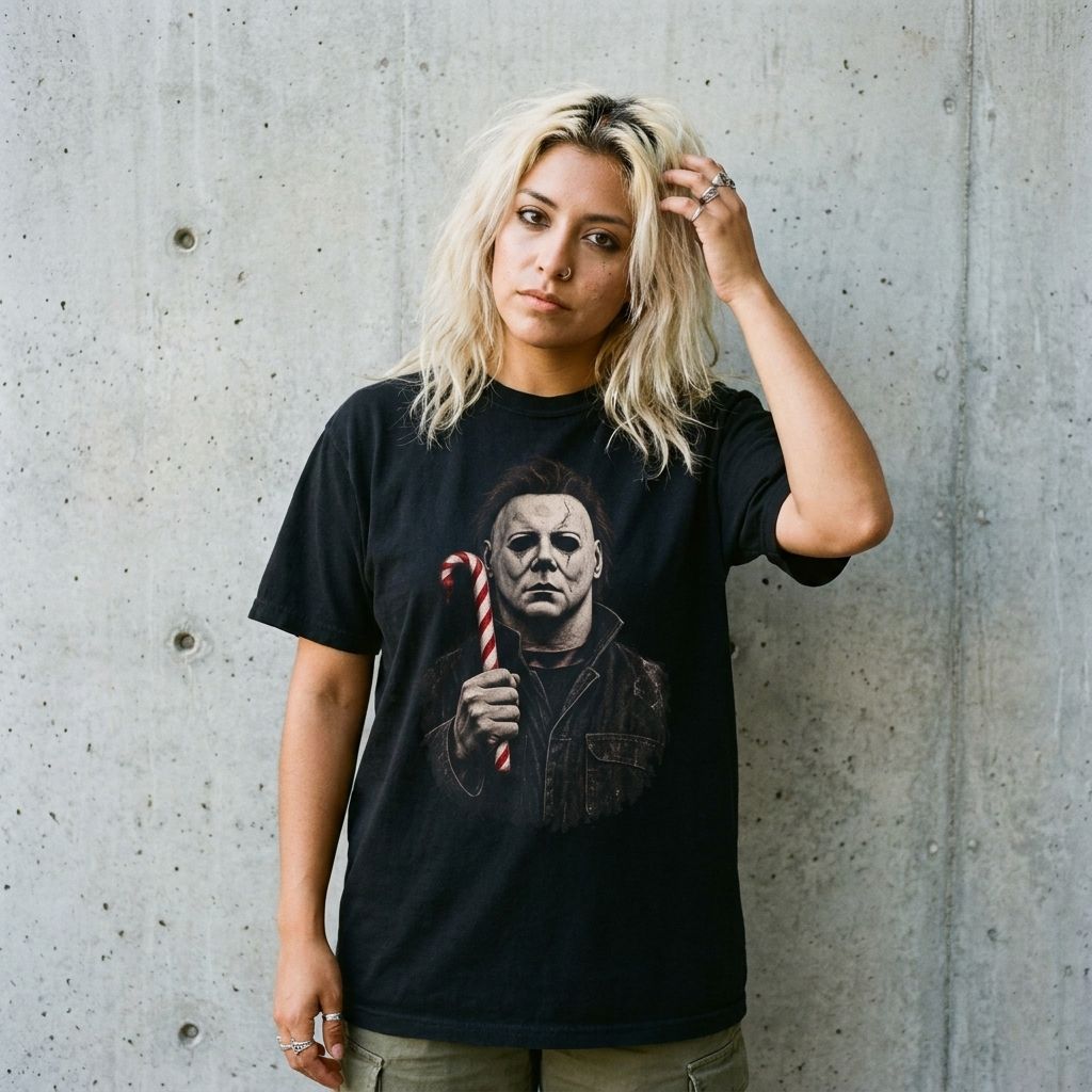 Model wearing the Michael Myers Candy Cane Tee against a cement wall