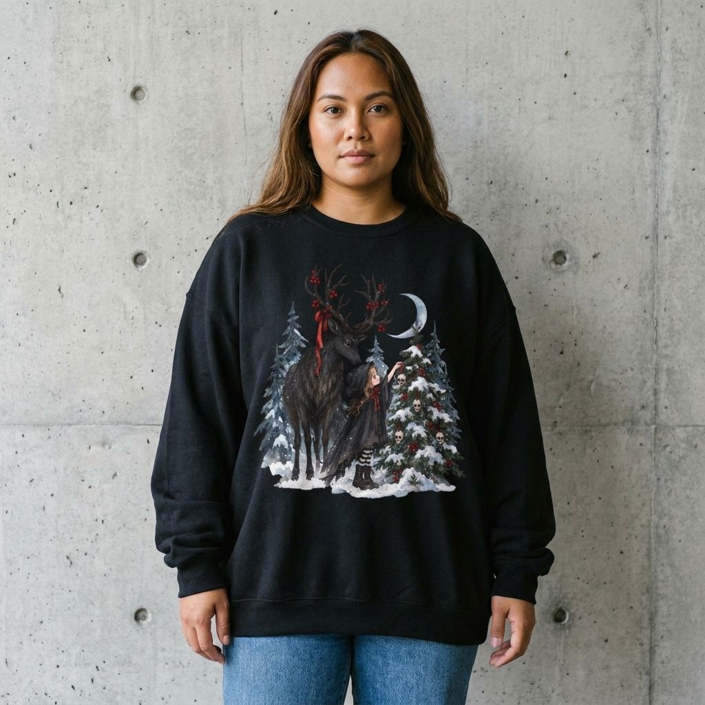 Model wearing the Winter Forest Deer and Moon Sweatshirt against a cement wall