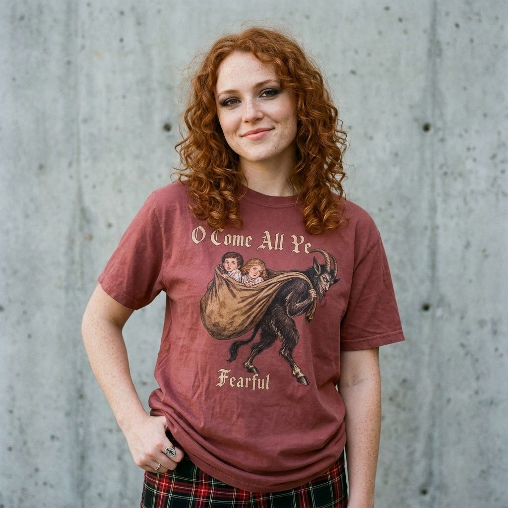Model wearing the Vintage Krampus Christmas Tee against a cement wall