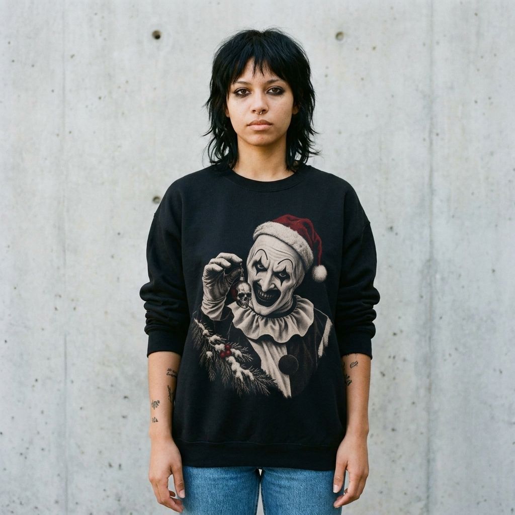 Model wearing the Terrifier Art the Clown Christmas Sweatshirt against a cement wall
