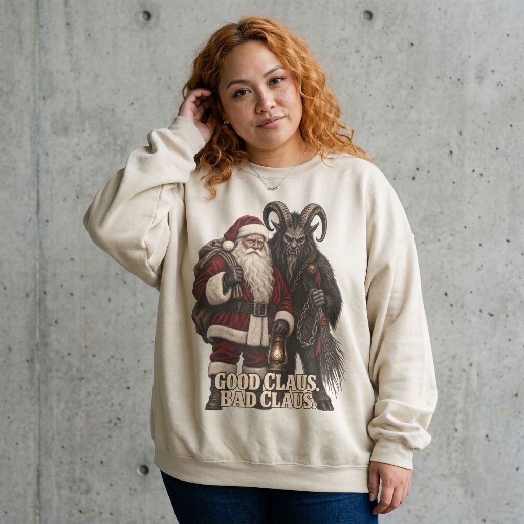 Model wearing the Good Claus Bad Claus Sweatshirt against a cement wall