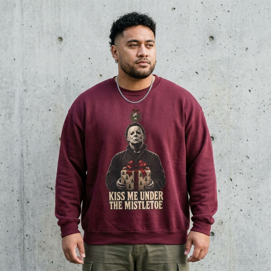 Model wearing the Michael Myers Christmas Sweatshirt against a cement wall