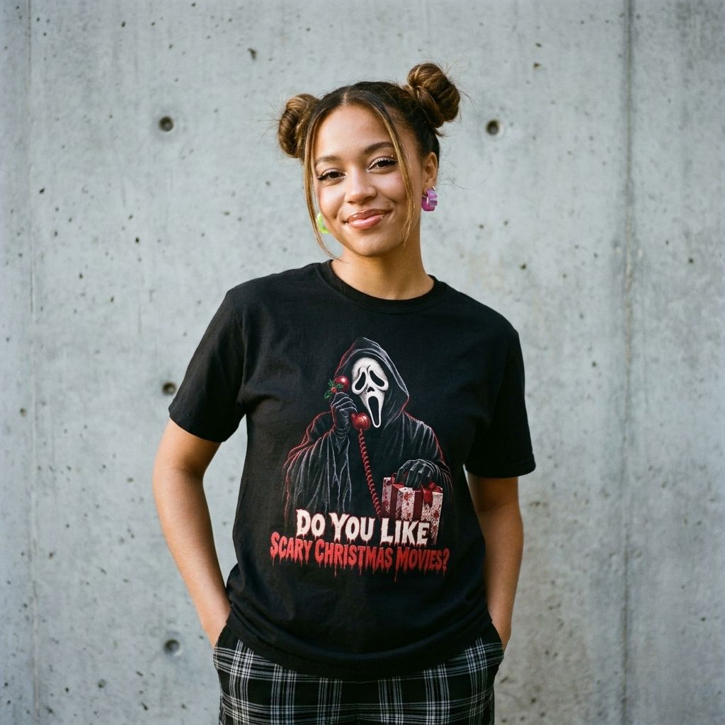 Model wearing the Ghostface "Do You Like Scary Christmas Movies?" Tee against a cement wall