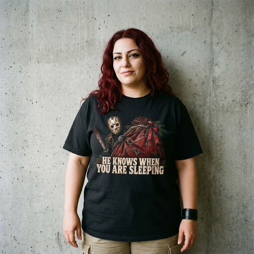 Model wearing the Jason Voorhees He Knows When You Are Sleeping Christmas Tee against a cement wall