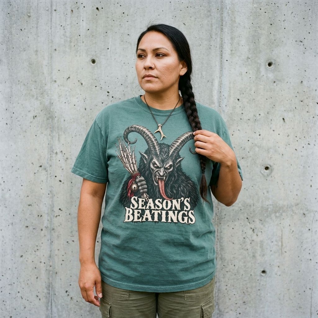 Model wearing the Krampus 'Season's Beatings' Graphic Tee against a cement wall