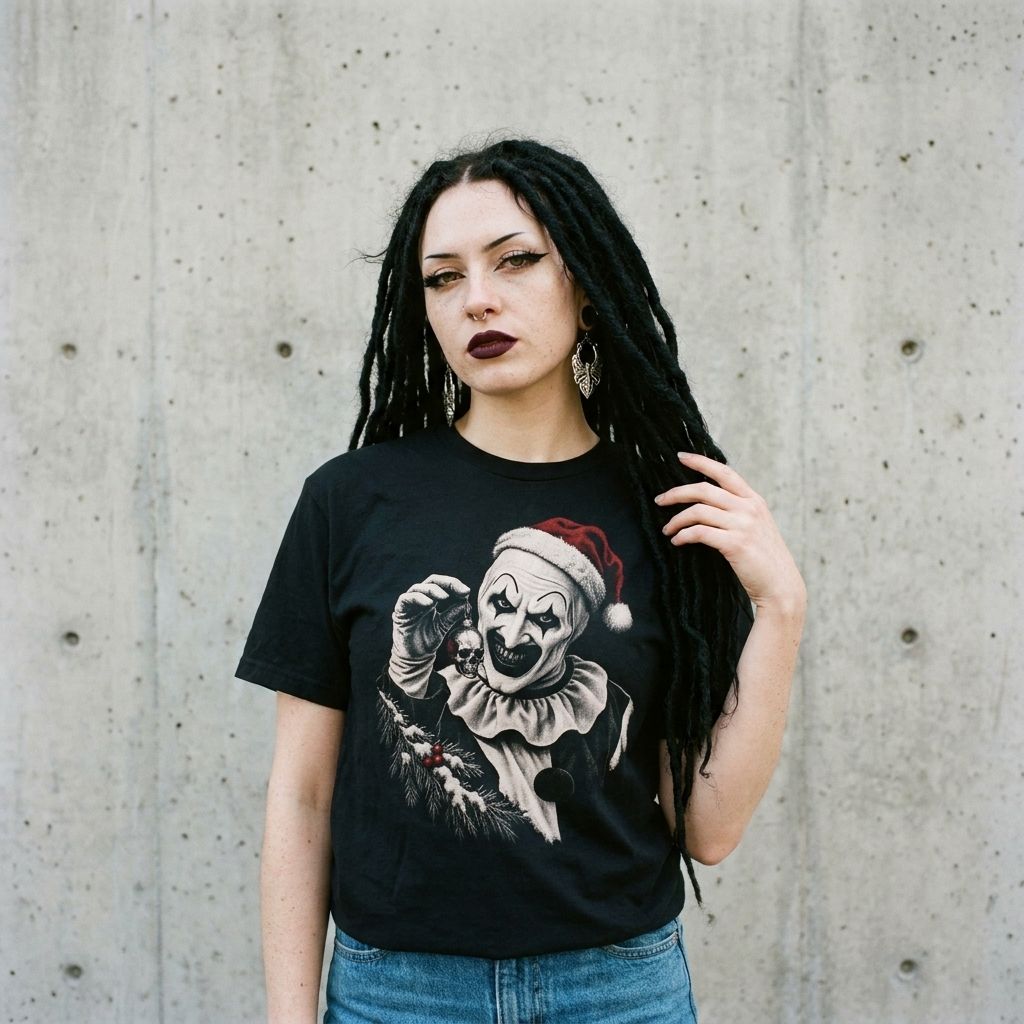 Model wearing the Terrifier Art The Clown Christmas Tee against a cement wall