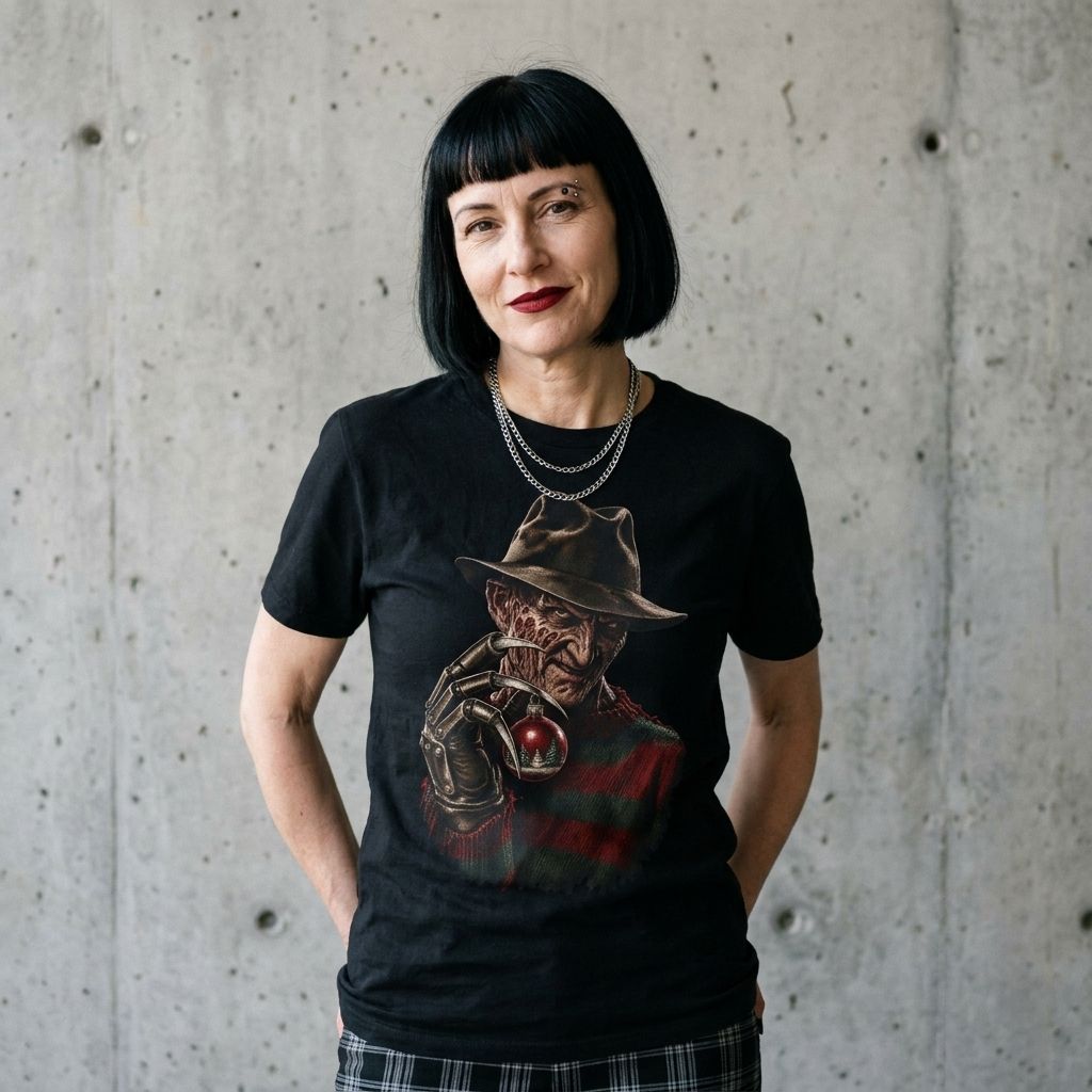 Model wearing the Freddy Krueger Christmas Tee against a cement wall