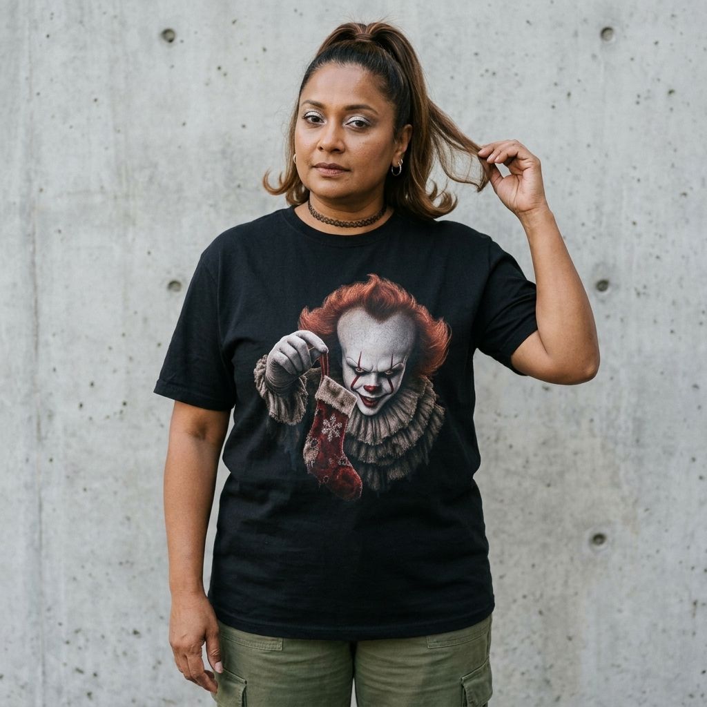 Model wearing the Pennywise Christmas Graphic Tee against a cement wall
