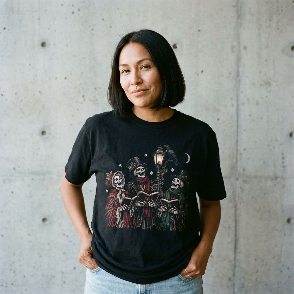 Model wearing the Skeleton Carolers Christmas Tee against a cement wall