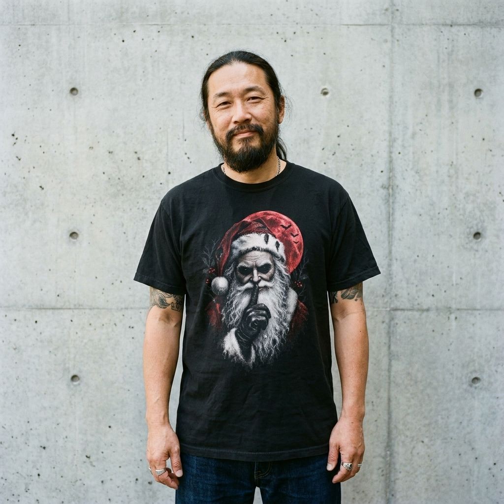 Model wearing the Dark Santa Skull Tee against a cement wall