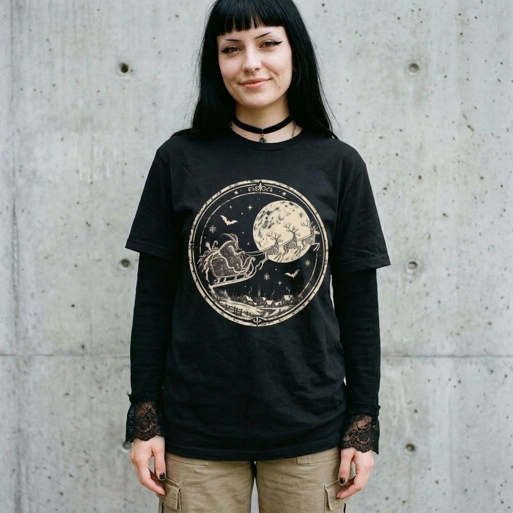 Model wearing the Krampus Moonlit Sleigh Tee against a cement wall